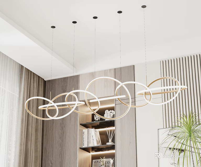 Modern Multi Ring Chandelier In Living Room With Striped Wall And Wooden Shelf 3d model 