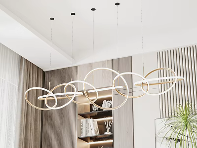 Modern Multi Ring Chandelier In Living Room With Striped Wall And Wooden Shelf 3d model