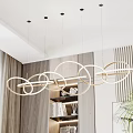 Modern Multi Ring Chandelier In Living Room With Striped Wall And Wooden Shelf