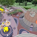 Children's Playground With Yellow Slide Octopus Shaped Structure Climbing Net And Trees