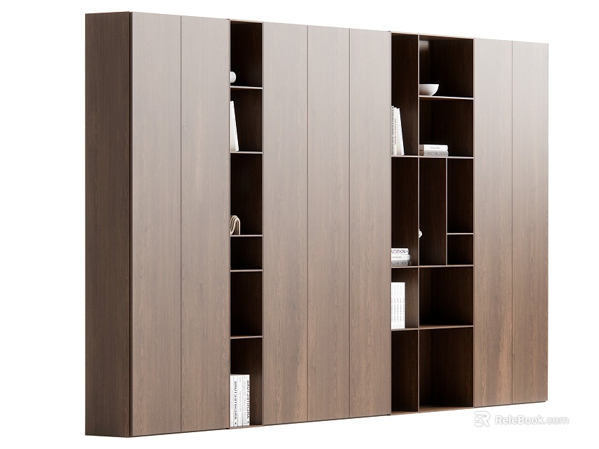 Modern Wooden Bookcase With Multiple Open Compartments And Decorative Books 3d model 