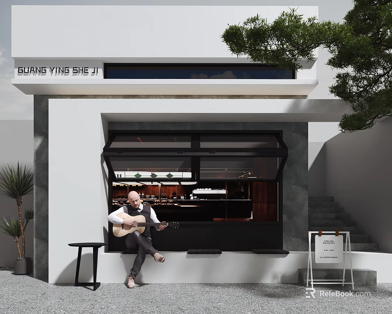 Coffee Time Cafe Storefront with Open Windows Guitar Player and Green Plants 3d model 