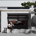 Coffee Time Cafe Storefront with Open Windows Guitar Player and Green Plants