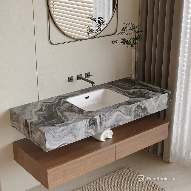 Modern Bathroom Vanity With Marble Countertop Wooden Base Faucet And Mirror 3d model 