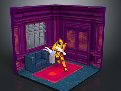 Yellow Armored Character In Purple Room With Sofa Red Carpet And Window 3d model