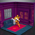 Yellow Armored Character In Purple Room With Sofa Red Carpet And Window
