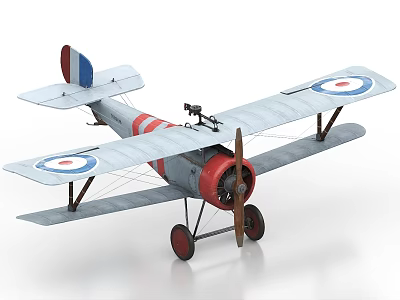 Vintage Biplane Fighter Plane With Red Stripes Wing Insignia And Machine Gun 3d model