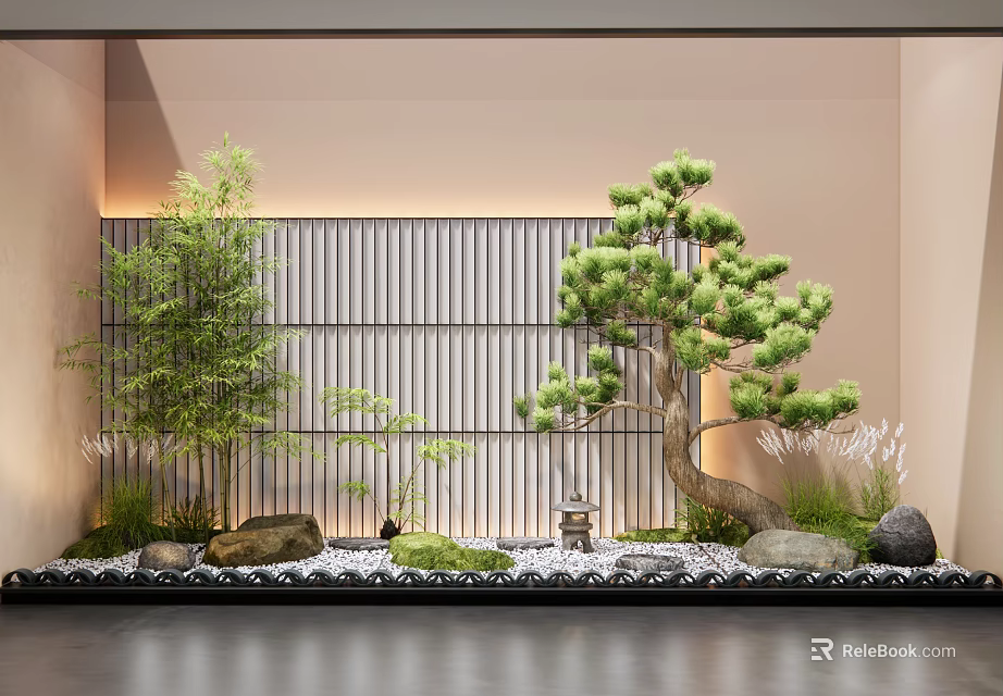 Indoor Zen Landscape With Bamboo Pine Tree Stones And Wooden Lattice Screen 3d model 