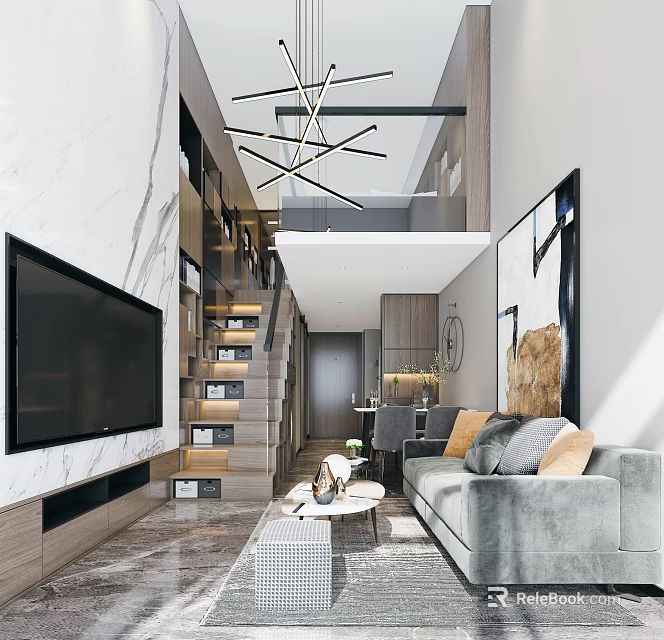 Modern Apartment Interior With Marble Wall Large TV Open Staircase Gray Sofa And Geometric Chandelier 3d model 