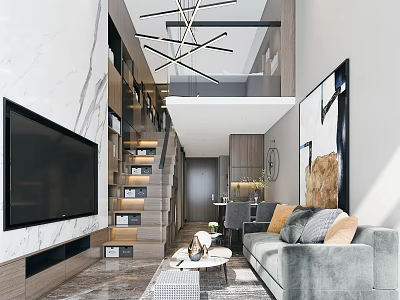 Modern Apartment Interior With Marble Wall Large TV Open Staircase Gray Sofa And Geometric Chandelier 3d model