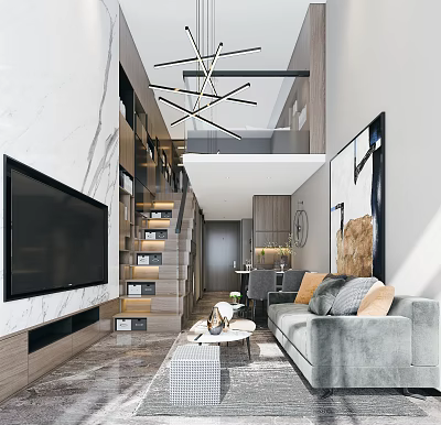Modern Apartment Interior With Marble Wall Large TV Open Staircase Gray Sofa And Geometric Chandelier 3d model