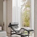 Modern Bedroom Interior With Upholstered Headboard Bed Nightstand Window Curtains And Armchair