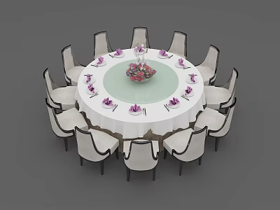 Round Dining Table Set with Chairs White Tablecloth Purple Tableware and Center Flower Arrangement 3d model