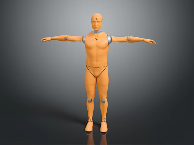 Orange Humanoid Robot With Silver Joints Standing In Outstretched Arms Pose 3d model