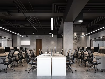 Modern Open Public Office Space with Industrial Gray Tones Long Tables Black Chairs and Computers 3d model