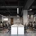 Modern Open Public Office Space with Industrial Gray Tones Long Tables Black Chairs and Computers