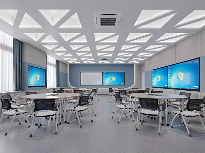 Modern School Classroom With Tables Chairs And Screens 3d model
