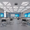 Modern School Classroom With Tables Chairs And Screens 3d model
