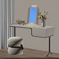 Modern Dressing Table With White Countertop Black Frame Oval Wooden Mirror Cosmetics Vase And Stool