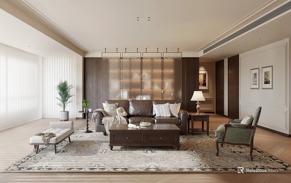 Elegant Modern Living Room Interior With Brown Sofa Coffee Table Rug And Wooden Partition 3d model 