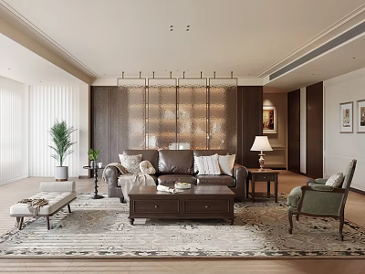 Elegant Modern Living Room Interior With Brown Sofa Coffee Table Rug And Wooden Partition 3d model