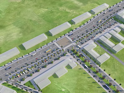 Urban Road Infrastructure With Intersection Multiple Lanes Moving Vehicles Buildings And Green Grassland 3d model