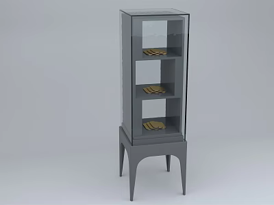 Gray Display Cabinet With Glass Door Slim Legs And Inner Shelves With Golden Decor 3d model