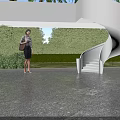 Modern White Spiral Staircase in Outdoor Garden with Woman and Lush Green Trees