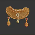 Golden Necklace and Earrings Featuring Red Gemstones Small White Gemstones Teardrop Pendant on Black Background