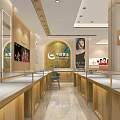 Modern Luxury Jewelry Store Interior With Golden Counters Chandelier Ceiling And Display Showcases