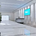 Modern Office Reception Area With Sleek Desk Large Digital Display And Soft Ambient Lighting