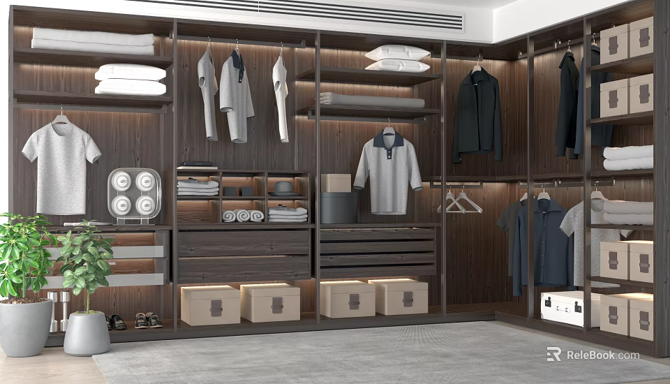 Spacious Modern Wardrobe Interior With Hanging Clothes Shelves Drawers And Storage Boxes 3d model 