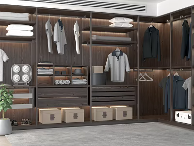 Spacious Modern Wardrobe Interior With Hanging Clothes Shelves Drawers And Storage Boxes 3d model