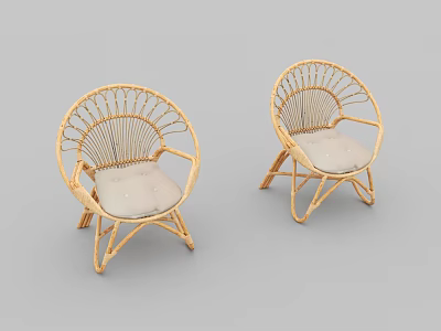 Two Rattan Leisure Chairs with Round Woven Backrest and Light Colored Cushioned Seats 3d model
