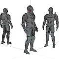 Game Movie Character Metallic Medieval Armor Shown in Three Different Angles 3d model