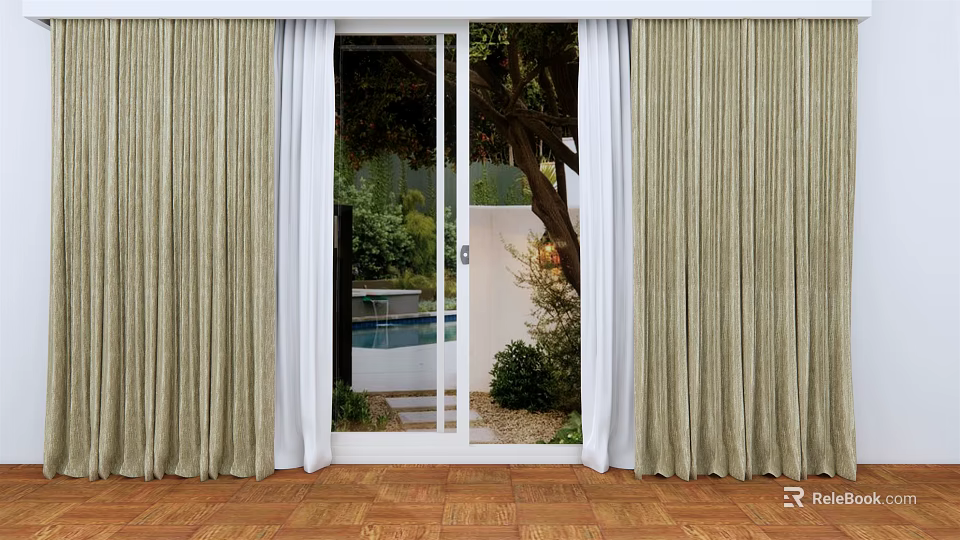 Beige Textured Curtains Beside Glass Sliding Doors With Green Plants And Swimming Pool View 3d model 