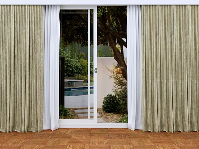 Beige Textured Curtains Beside Glass Sliding Doors With Green Plants And Swimming Pool View 3d model