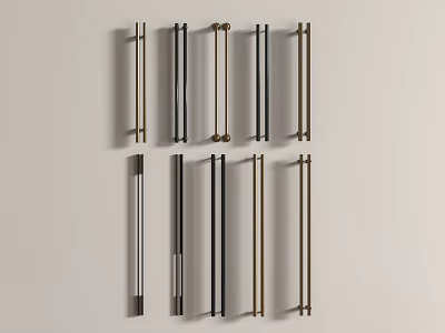 Assorted Modern Cabinet Handles With Diverse Metal Finishes And Designs On Wall 3d model