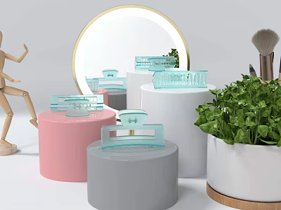 Display Shelves With Round Pink Grey White Pedestals Transparent Acrylic Cases Mirror And Green Plants 3d model