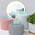 Display Shelves With Round Pink Grey White Pedestals Transparent Acrylic Cases Mirror And Green Plants