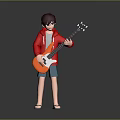 Game Movie Character with Red Jacket Gray T-shirt Blue Shorts Sandals Holding Orange Electric Guitar