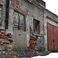 Dilapidated Industrial Factory Building With Weathered Walls Red Doors And Broken Windows