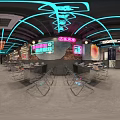 Modern Restaurant Interior With Neon Lights Beverage Display Fridges Beer And Coca-Cola Selection