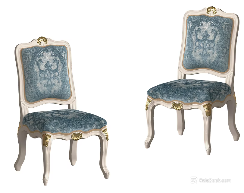 Classic French Style Dining Chairs With White Frame Gold Accents And Blue Floral Upholstery 3d model 