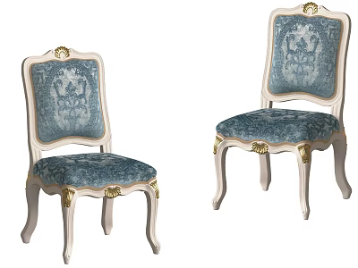 Classic French Style Dining Chairs With White Frame Gold Accents And Blue Floral Upholstery 3d model