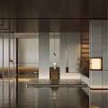 Modern Elegant Entryway Hallway With Marble Walls Wooden Grilles Metal Accents Pendant Light Mirror Decor