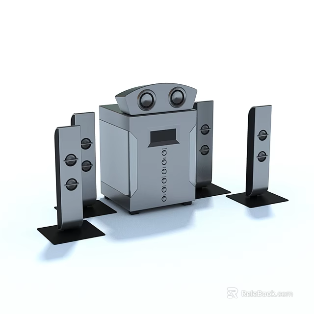 Modern Multi Speaker Audio System With Main Unit Knobs Display Screen And Black Base 3d model