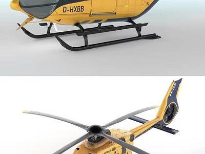 Yellow Helicopter D-HXBB With Rotors Blue Tail Section And Side View 3d model
