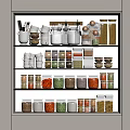 Neatly Arranged Spice Bottles With Various Spices On Kitchen Storage Shelves