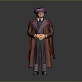 Man In Red Robe Wearing Purple Turban With Dark Garment Hands Crossed Against Gray Background